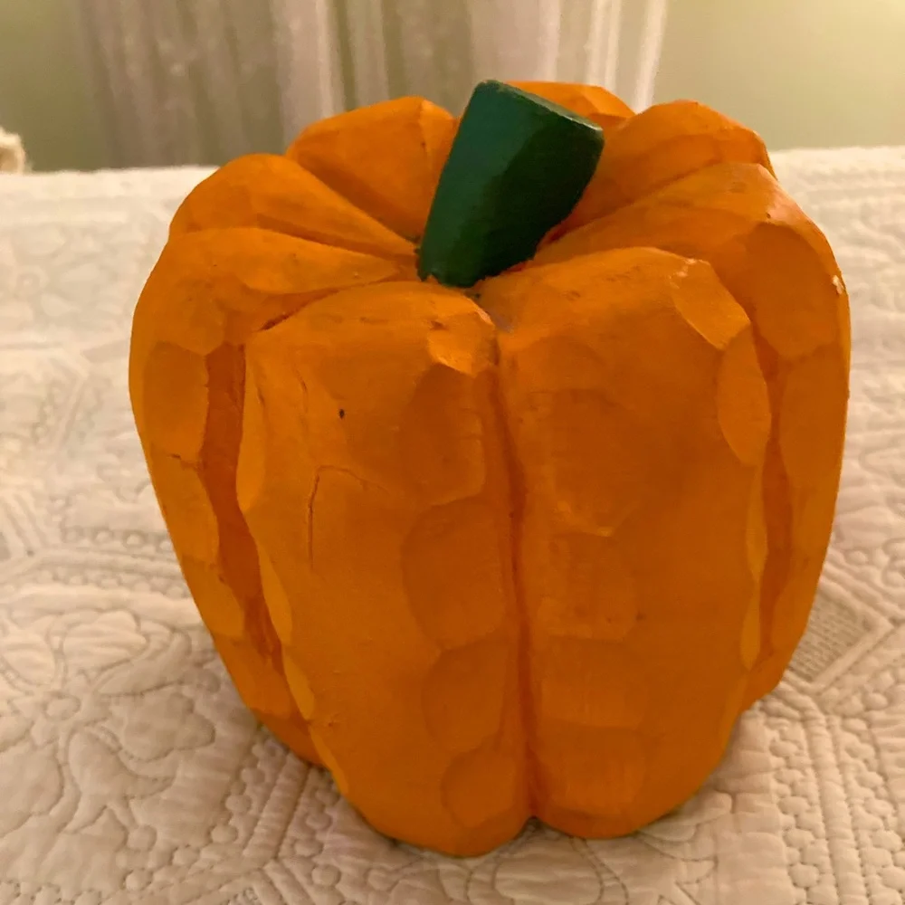 Solid Wood Hand Carved Pumpkin Green Stem Lots of Details